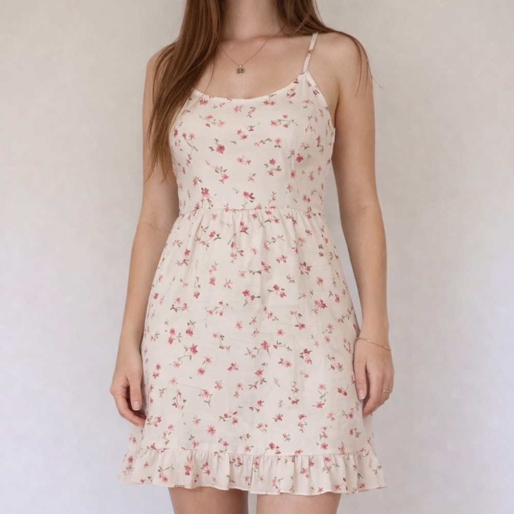 Altar’d State Floral Ruffle Hem Mini Dress in Cream with Pink Blossoms